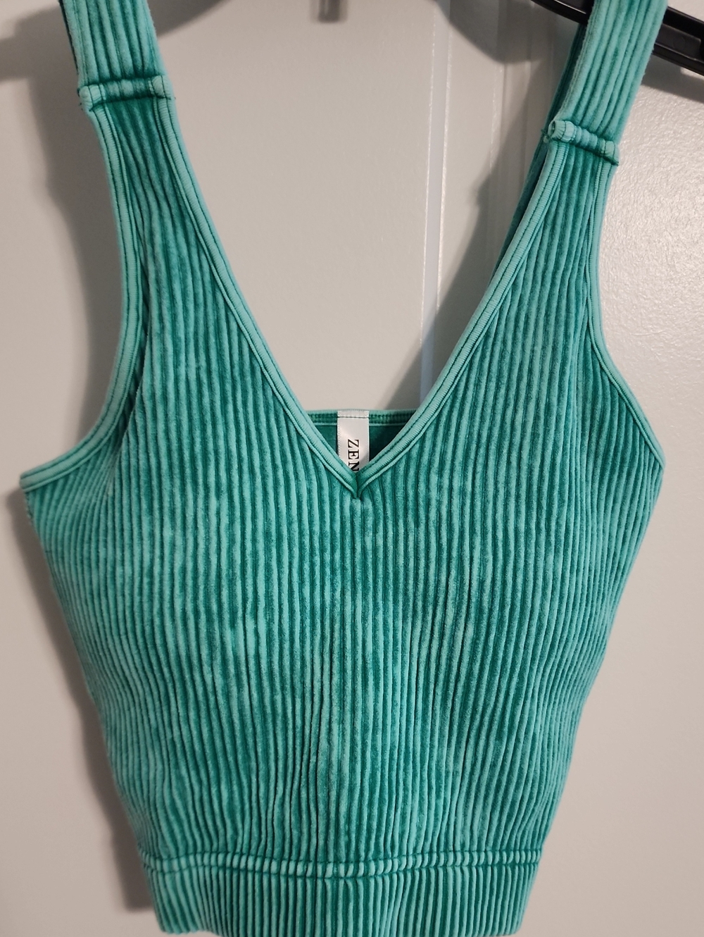 Zenana Teal Ribbed V-Neck Crop Top Small/medium